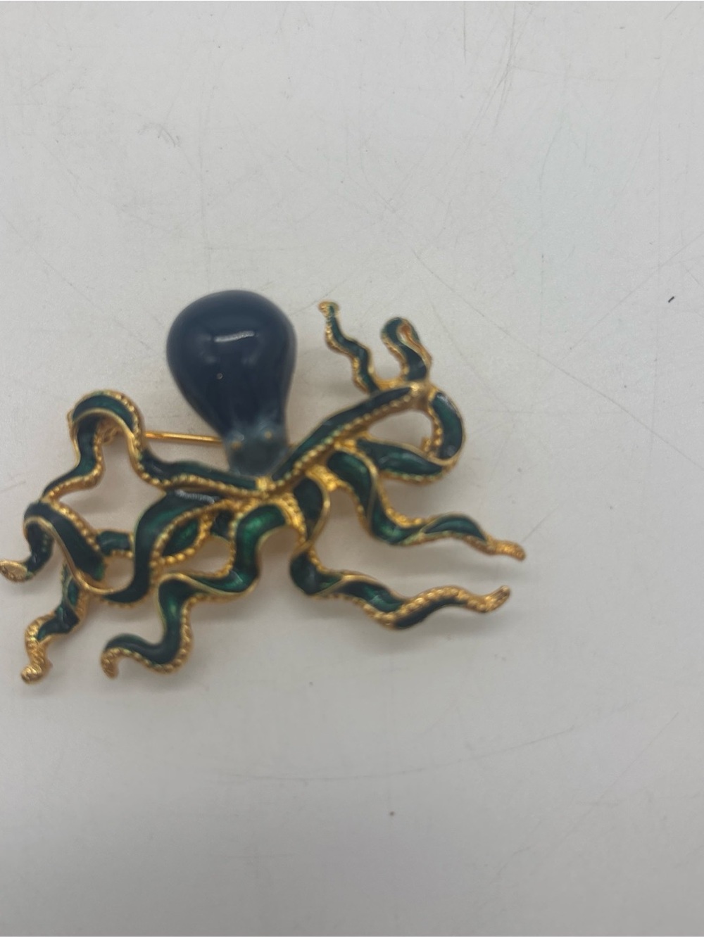Gold-Tone Green Enamel Octopus Brooch with Dark Blue Glass Head
